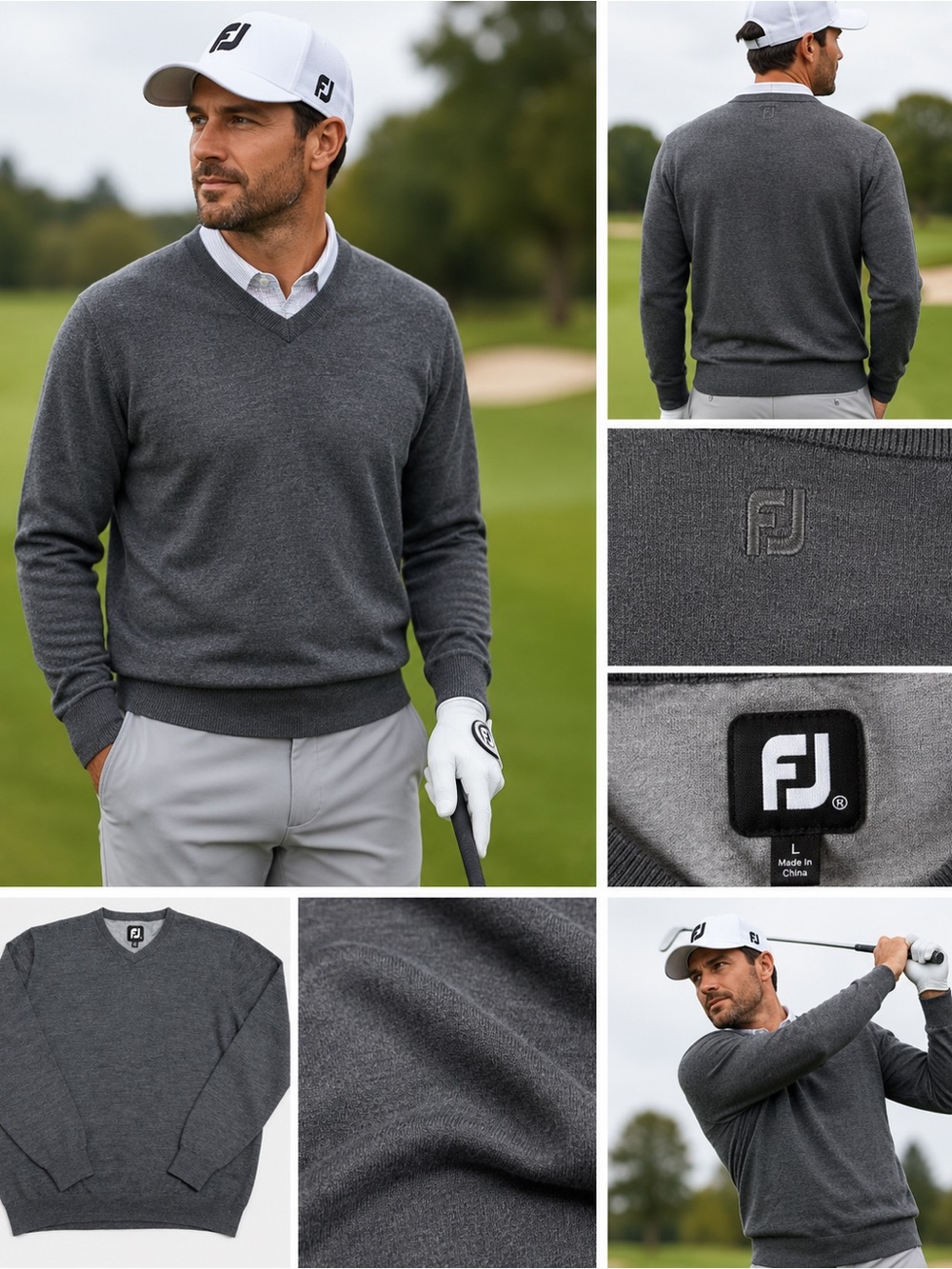 FootJoy 100% Wool Charcoal Gray V-Neck Golf Sweater Large Merino Knit Pullover